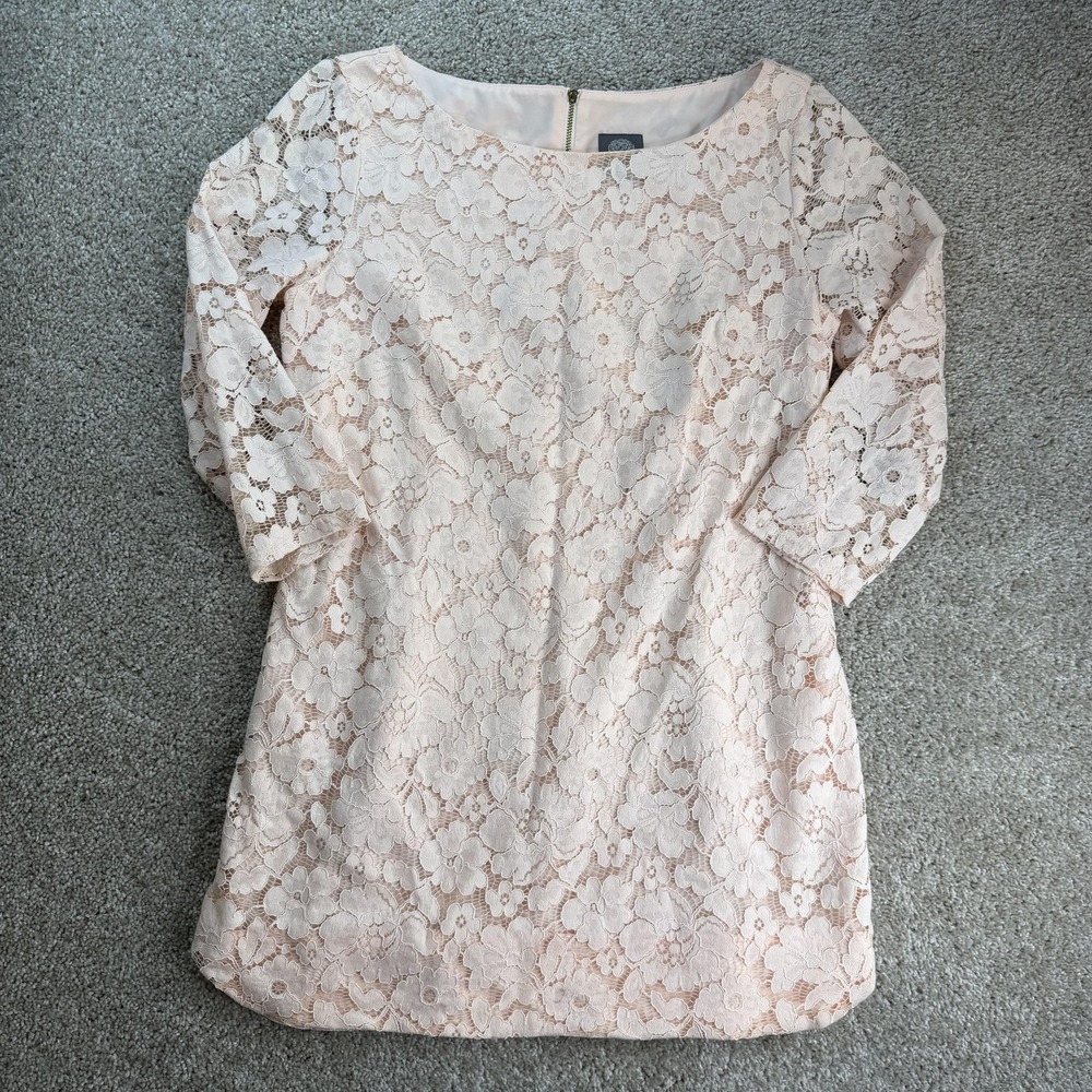 Vince Camuto Dress Womens 14 Pink Floral Lace 3/4 Sleeve Shift Short Party